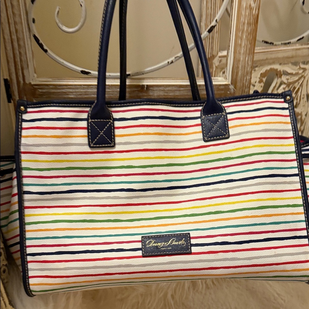 Dooney & Bourke Y2K Multicolor Striped Tote with Navy Trim perfect for Summer